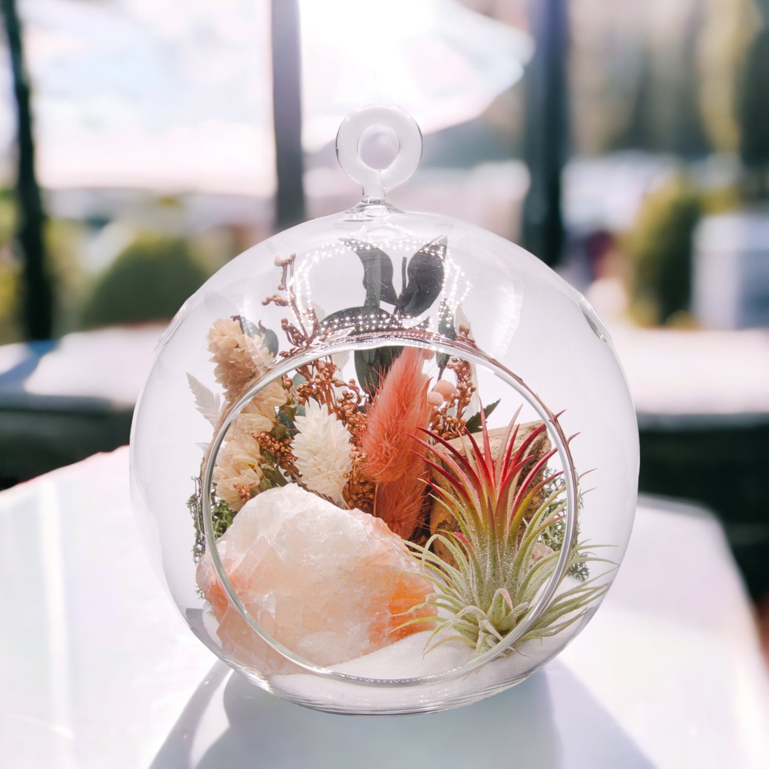 Glass bubble terrarium with a tri-color calcite crystal, dried flowers and an airplant