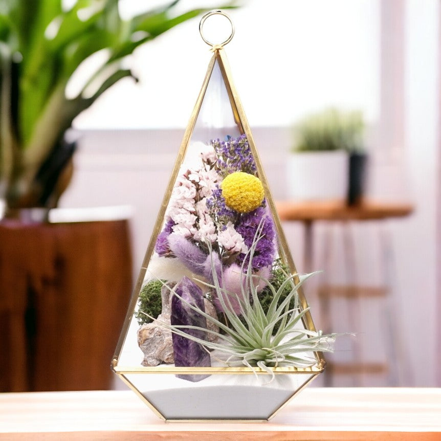 Victorian glass airplant terrarium with amethyst crystal and dried flowers