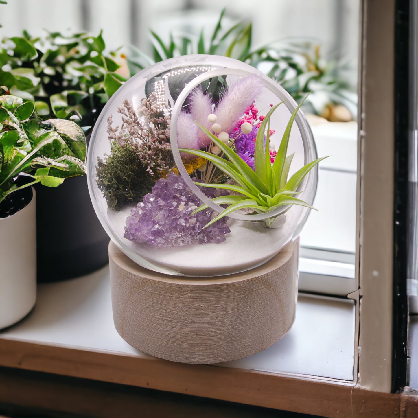 Glass bubble airplant terrarium with wooden base, dried flowers and amethyst crystal