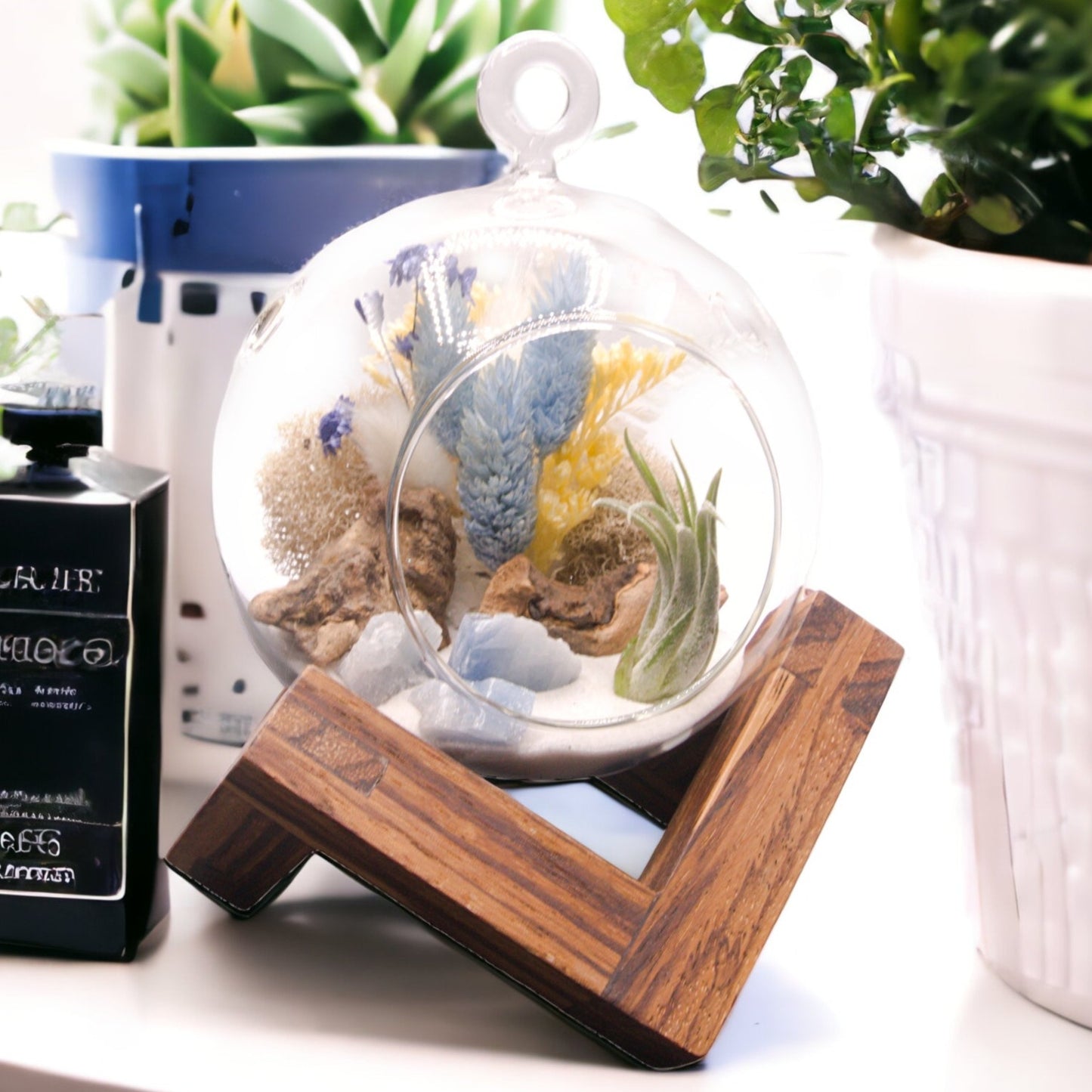Glass bubble terrarium with airplant, dried flowers and blue calcite crystals