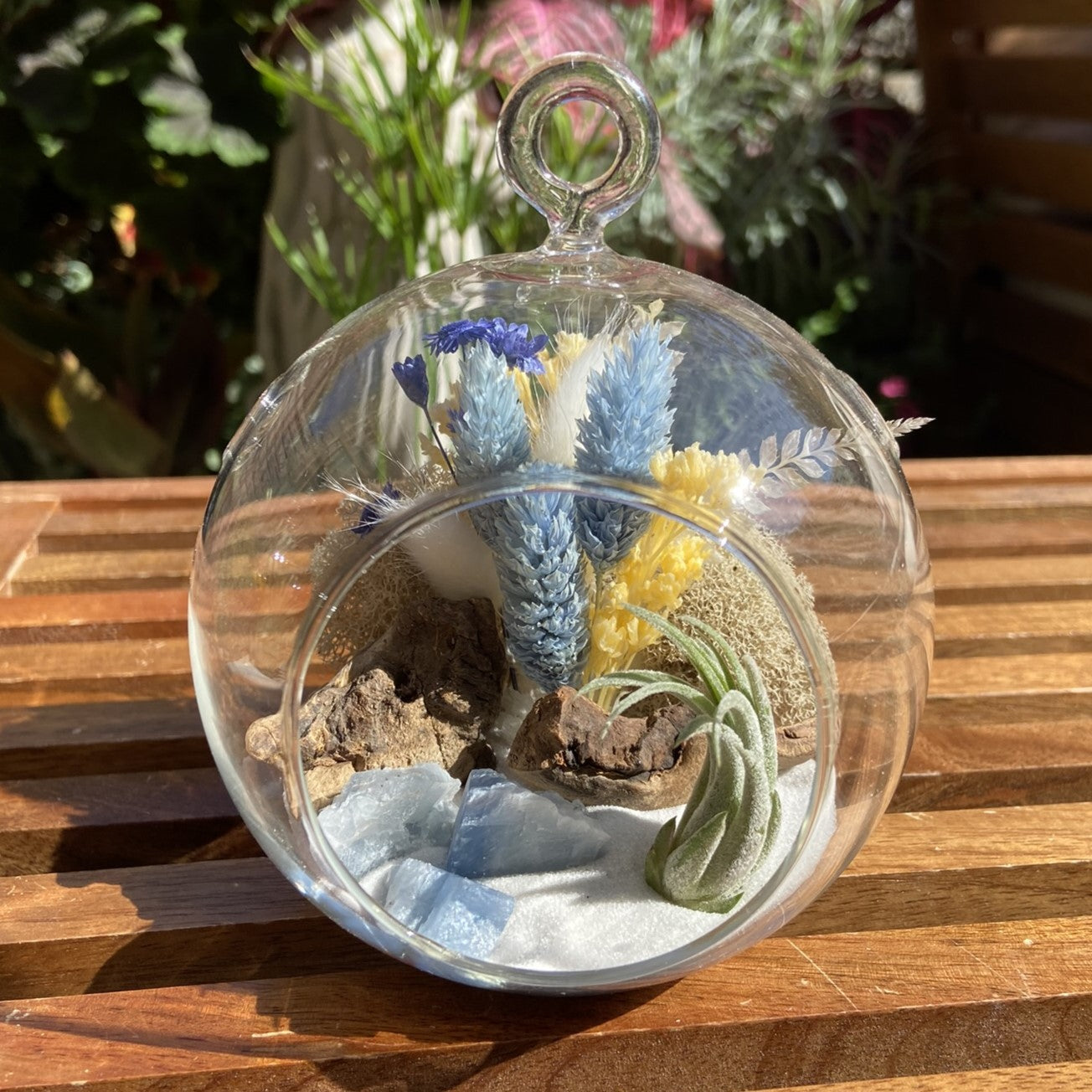 Glass bubble terrarium with airplant, dried flowers and blue calcite crystals