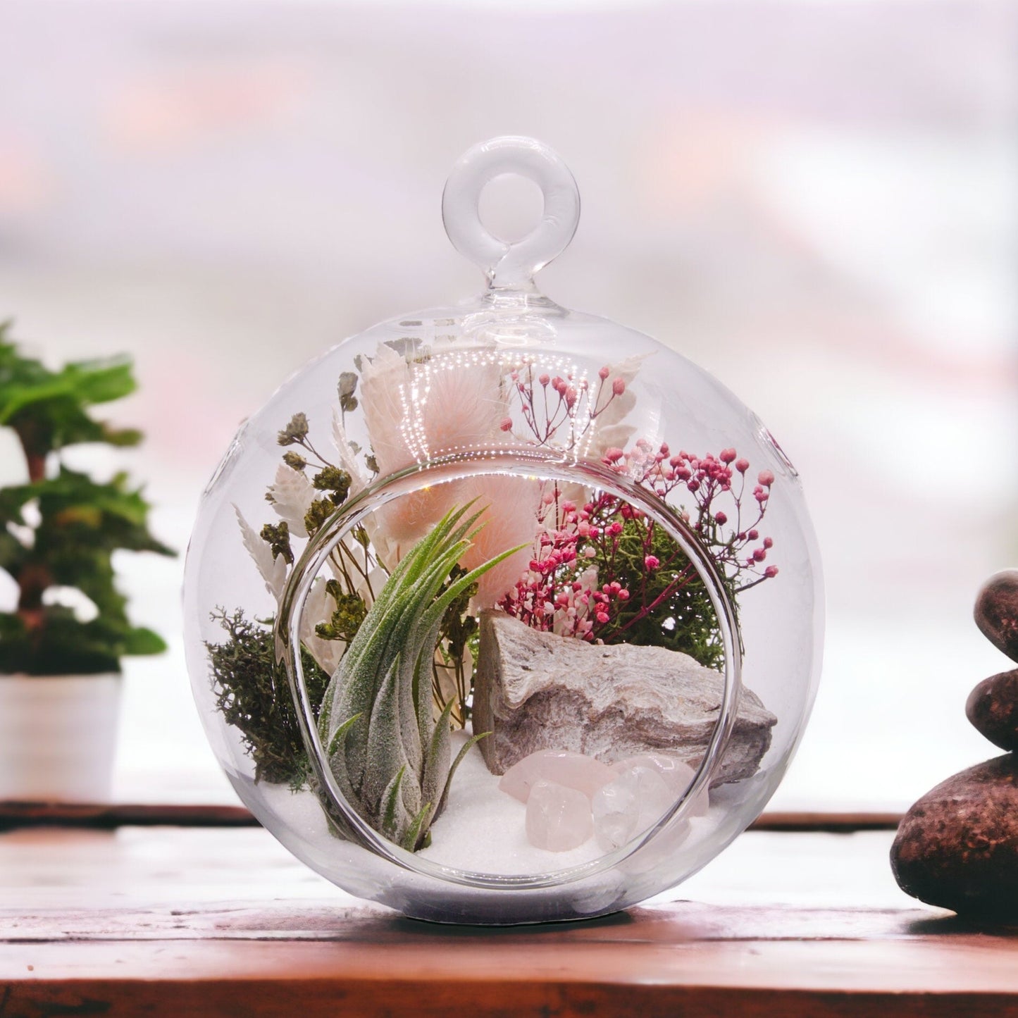 Glass bubble airplant terrarium with dried flowers and rose quartz crystals
