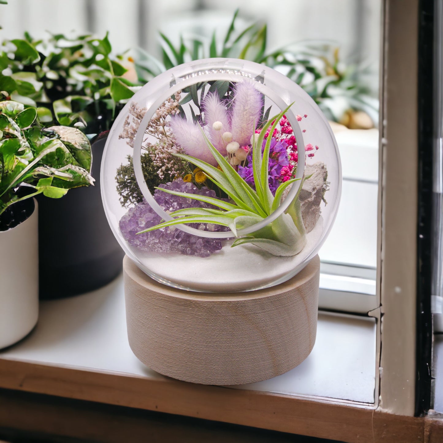 Glass bubble airplant terrarium with wooden base, dried flowers and amethyst crystal