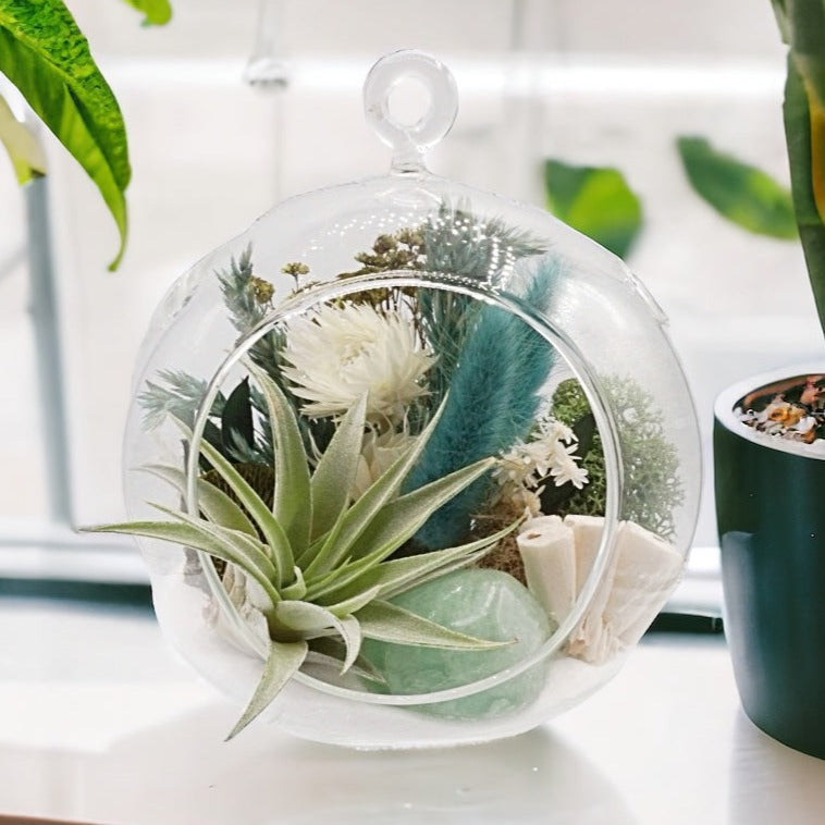 Glass bubble vase airplant terrarium with dried flowers, green fluorite crystal