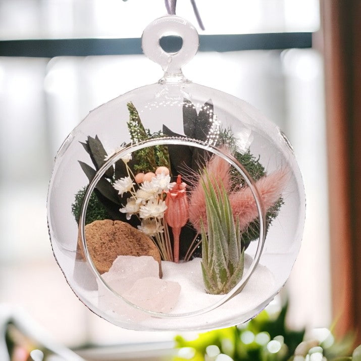 Glass bubble airplant terrarium with pink dried flowers, sand, moss, wood, rose quartz or pink tourmaline crystals and an airplant