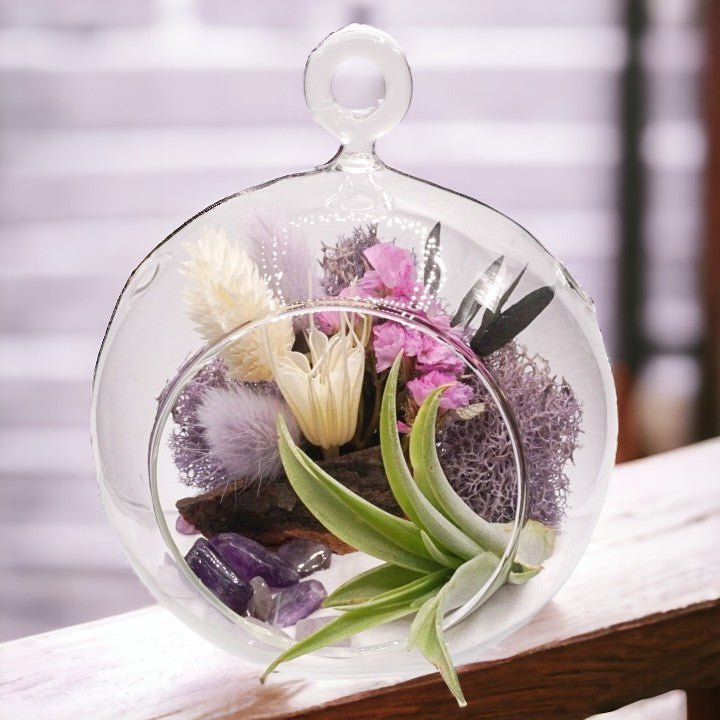 Glass bubble airplant terrarium with purple dried flowers, sand, moss, wood, amethyst crystals and an airplant