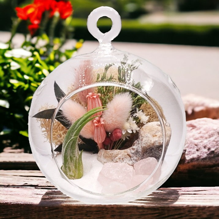 Glass bubble airplant terrarium with pink dried flowers, sand, moss, wood, rose quartz or pink tourmaline crystals and an airplant