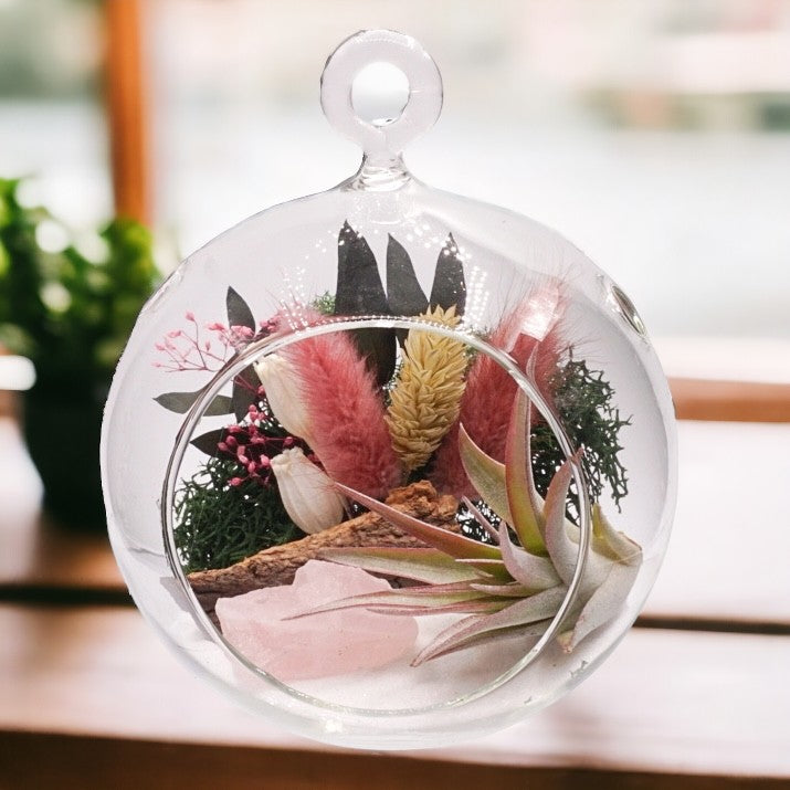 Glass bubble airplant terrarium with pink dried flowers, sand, moss, wood, rose quartz or pink tourmaline crystals and an airplant