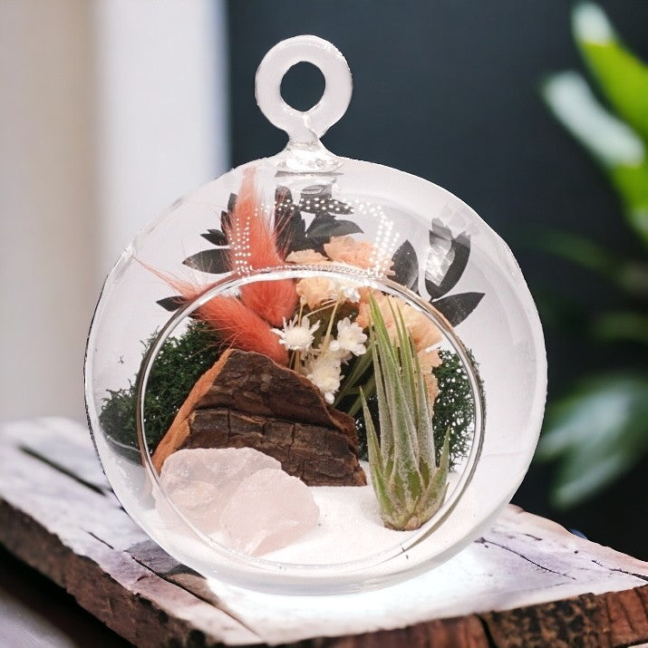 Glass bubble airplant terrarium with peach dried flowers, sand, moss, wood and rose quartz crystals
