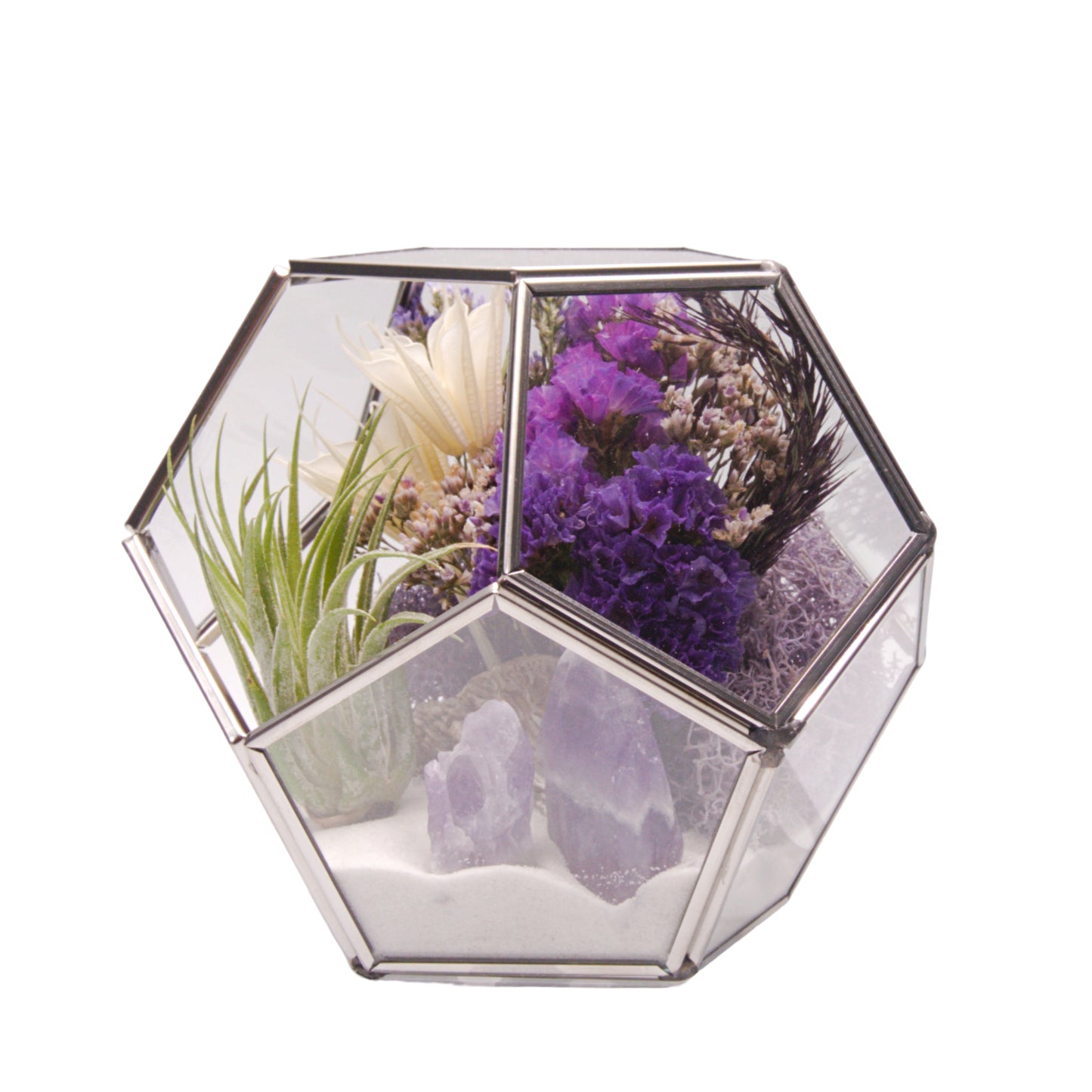 Terrarium Victorian à bol avec une plante aérienne et des cristaux d'améthystes