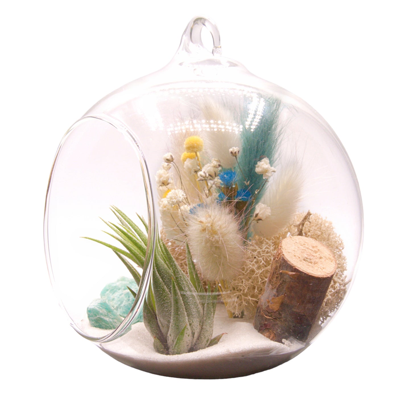 Glass bubble terrarium with an airplant, amazonite crystals and dried flowers