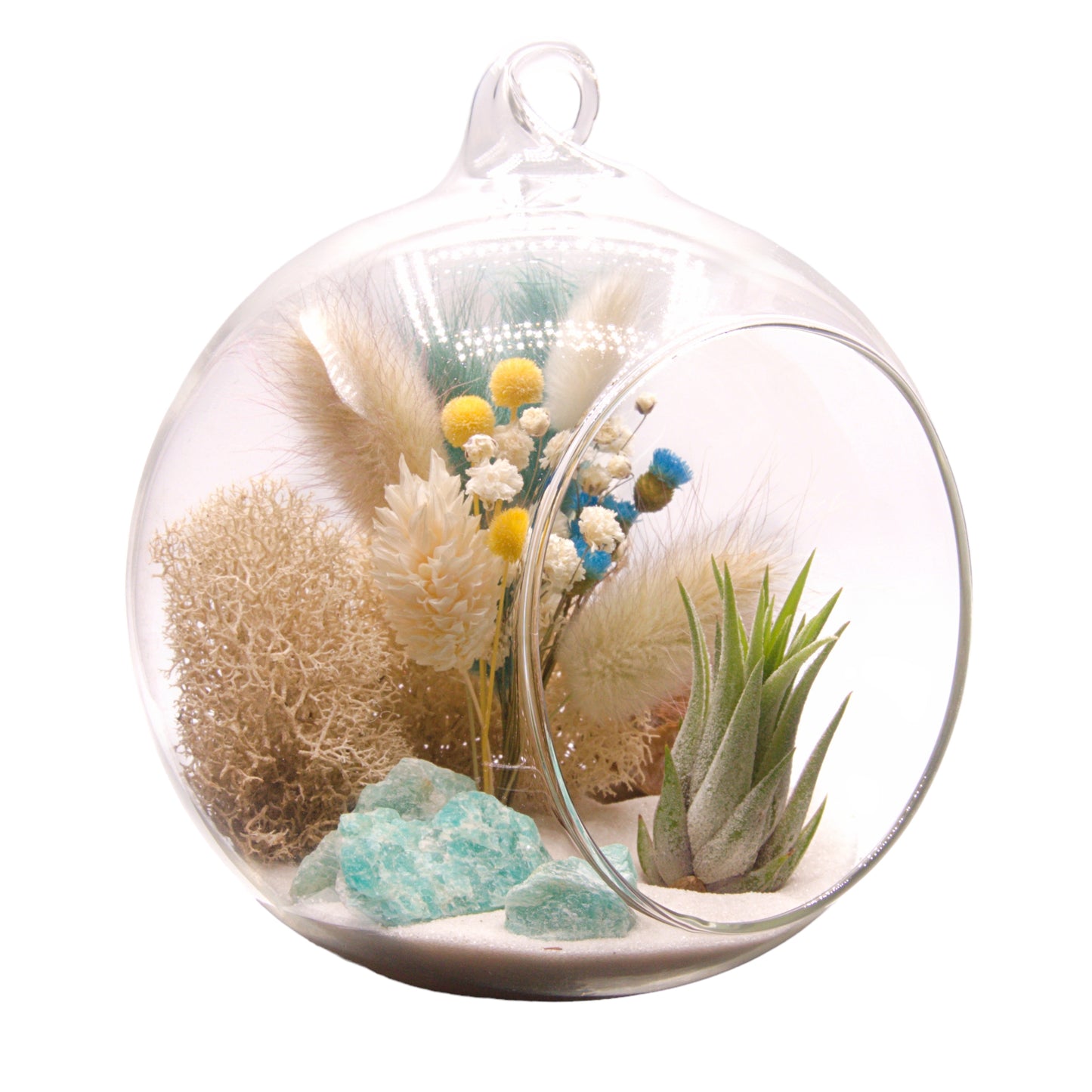 Glass bubble terrarium with an airplant, amazonite crystals and dried flowers