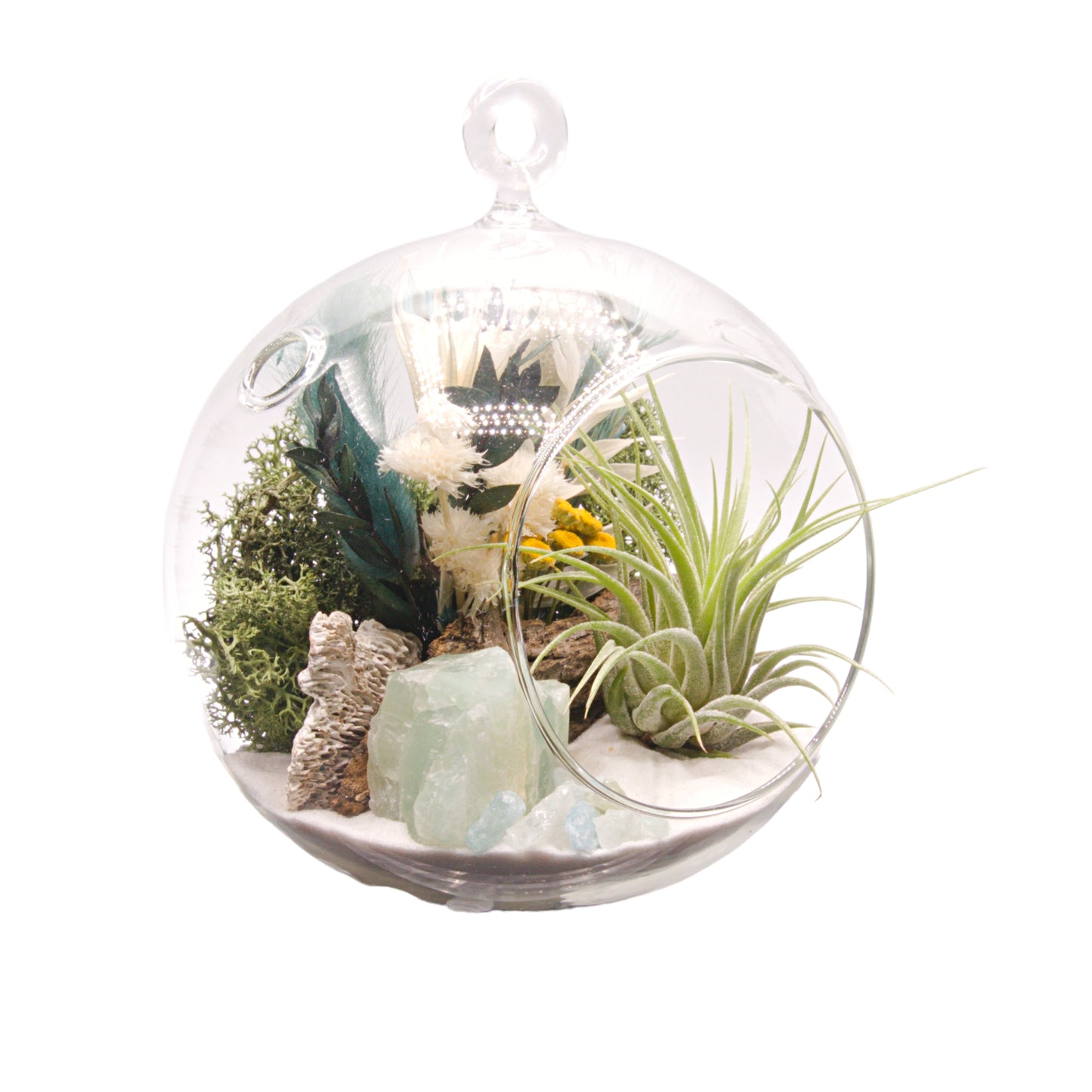 Glass bubble terrarium with airplant, dried flowers and aquamarine crystals