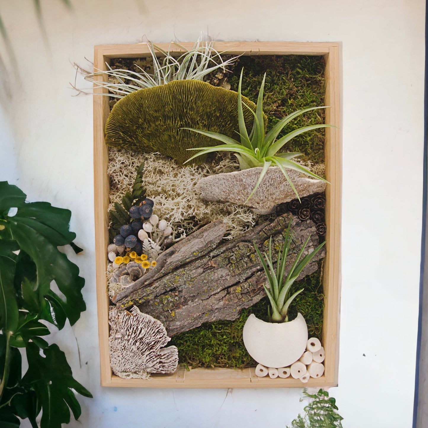Cadre de plante aérienne en bamboo avec champignons verts et blancs