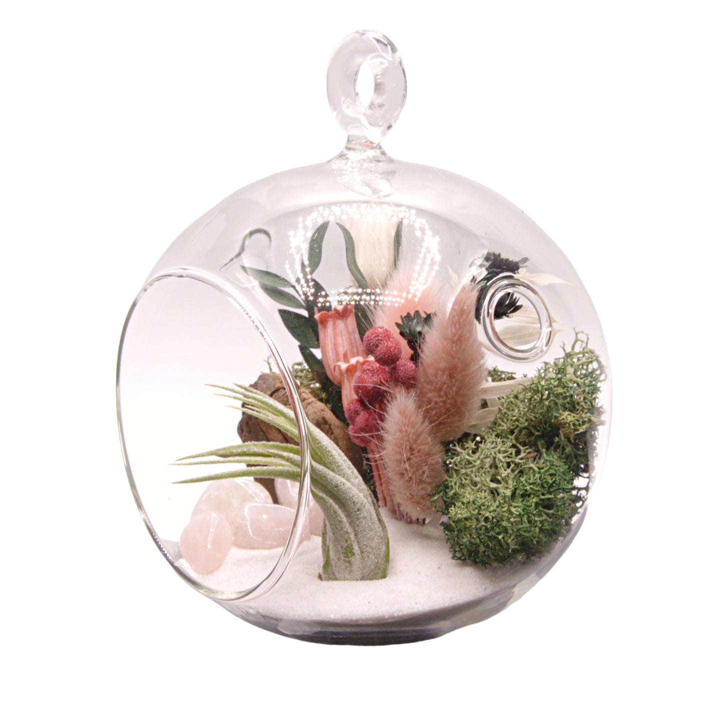 Glass bubble airplant terrarium with dried flowers and rose quartz crystals
