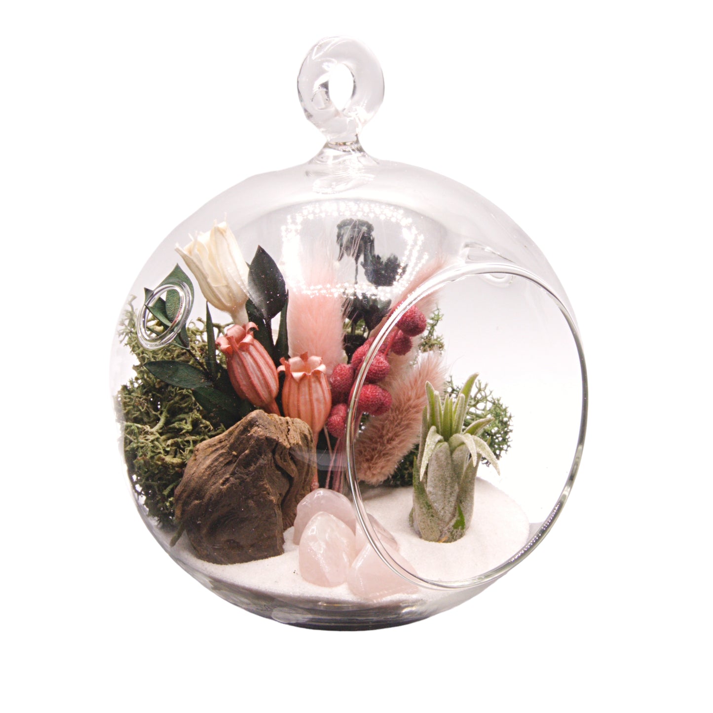 Glass bubble airplant terrarium with dried flowers and rose quartz crystals