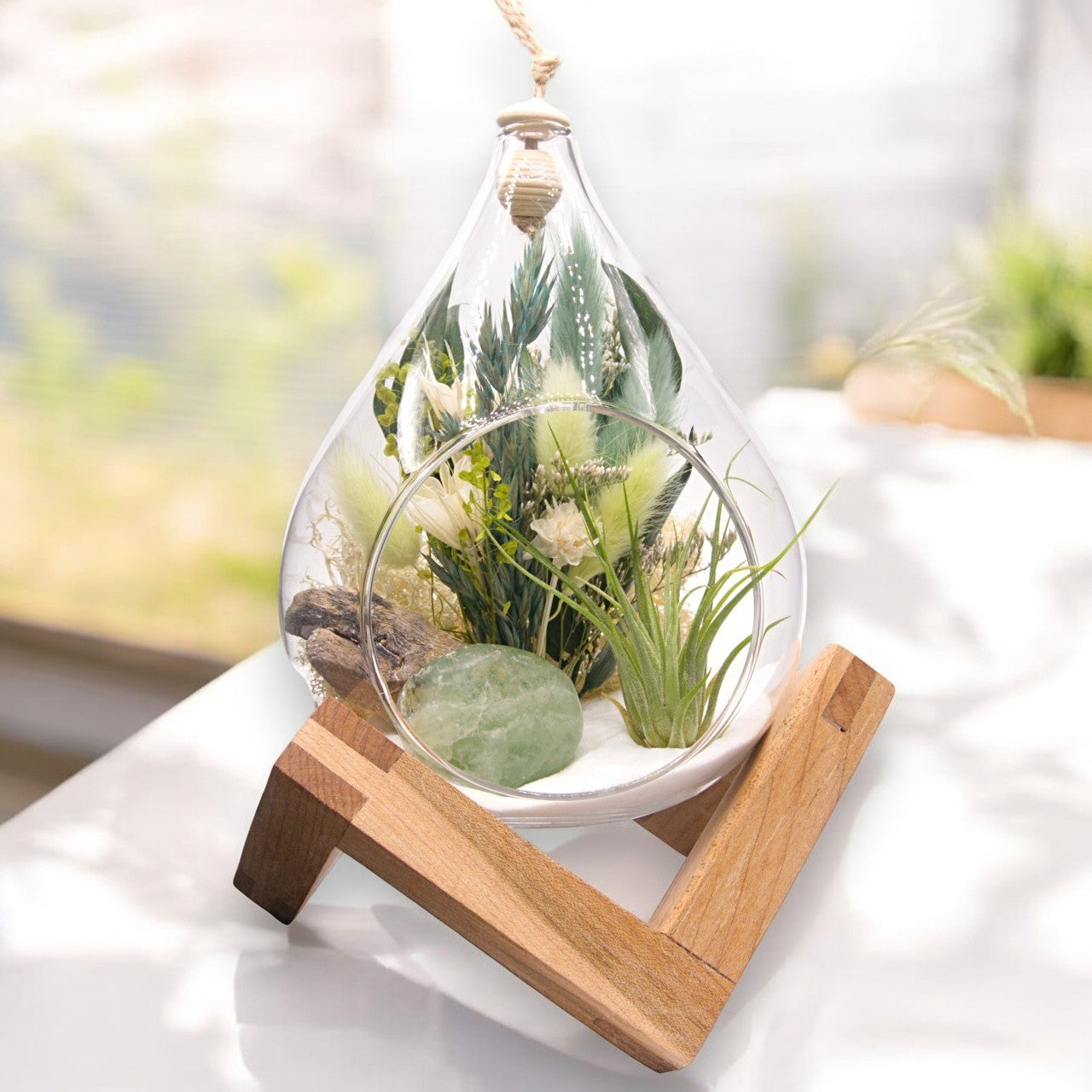 Teardrop Bubble Airplant Terrarium with Green Fluorite crystal
