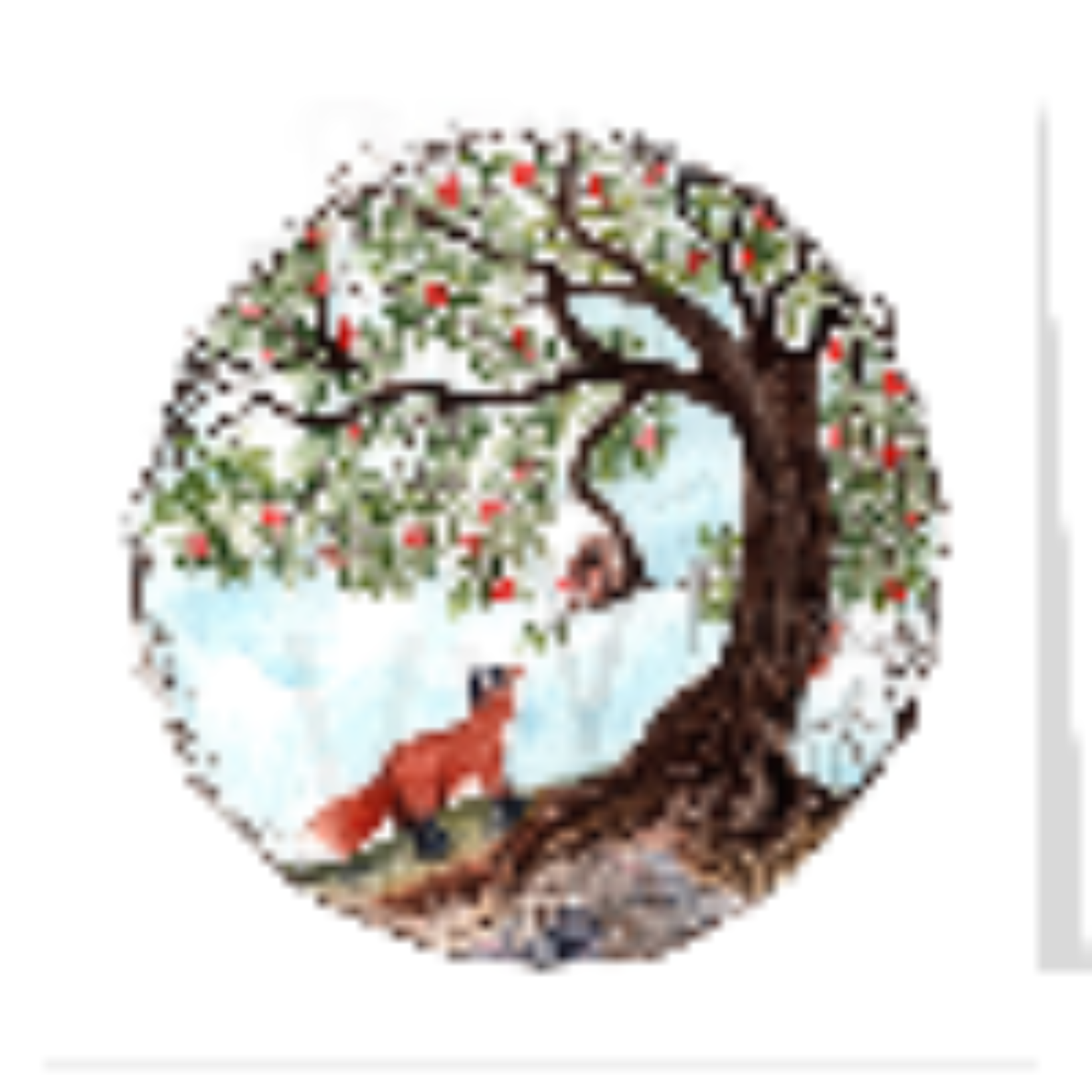 Watercolour greeting card - little fox under the apple tree greeting a squirrel with an apple
