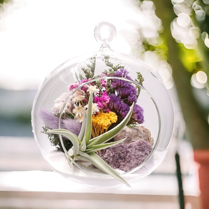 Terrarium à bulle avec une plante aérienne et un cristal de lepidolite