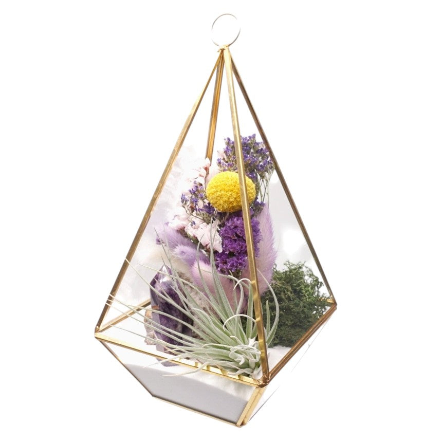 Terrarium victorien pour plante aérienne avec tour en cristal d'améthyste