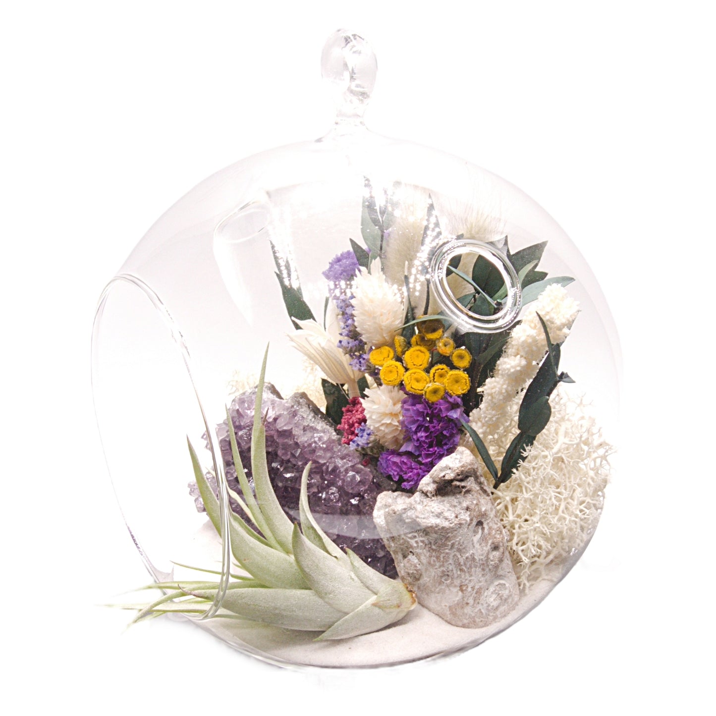 Airplant terrarium in a glass bubble vase with an amethyst crystal and dried flowers
