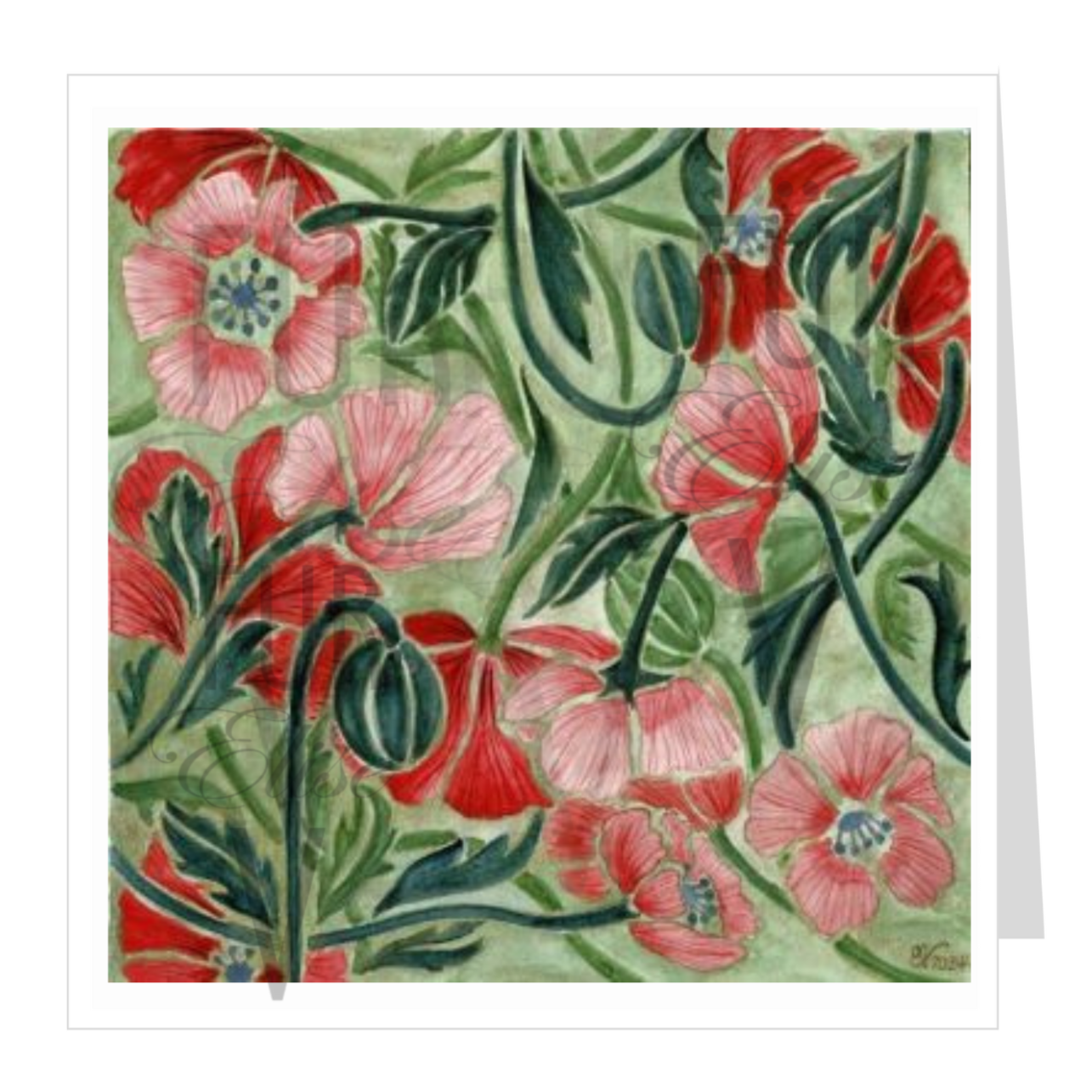 Watercolour greeting card art deco poppies