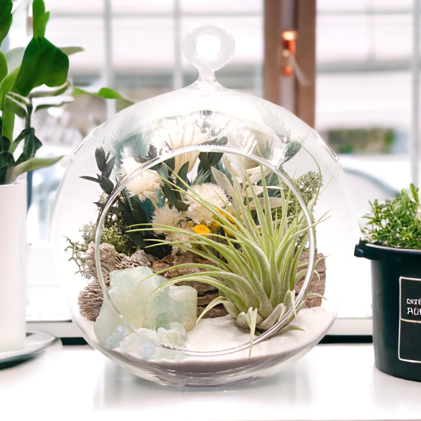 Glass bubble terrarium with airplant, dried flowers and aquamarine crystals