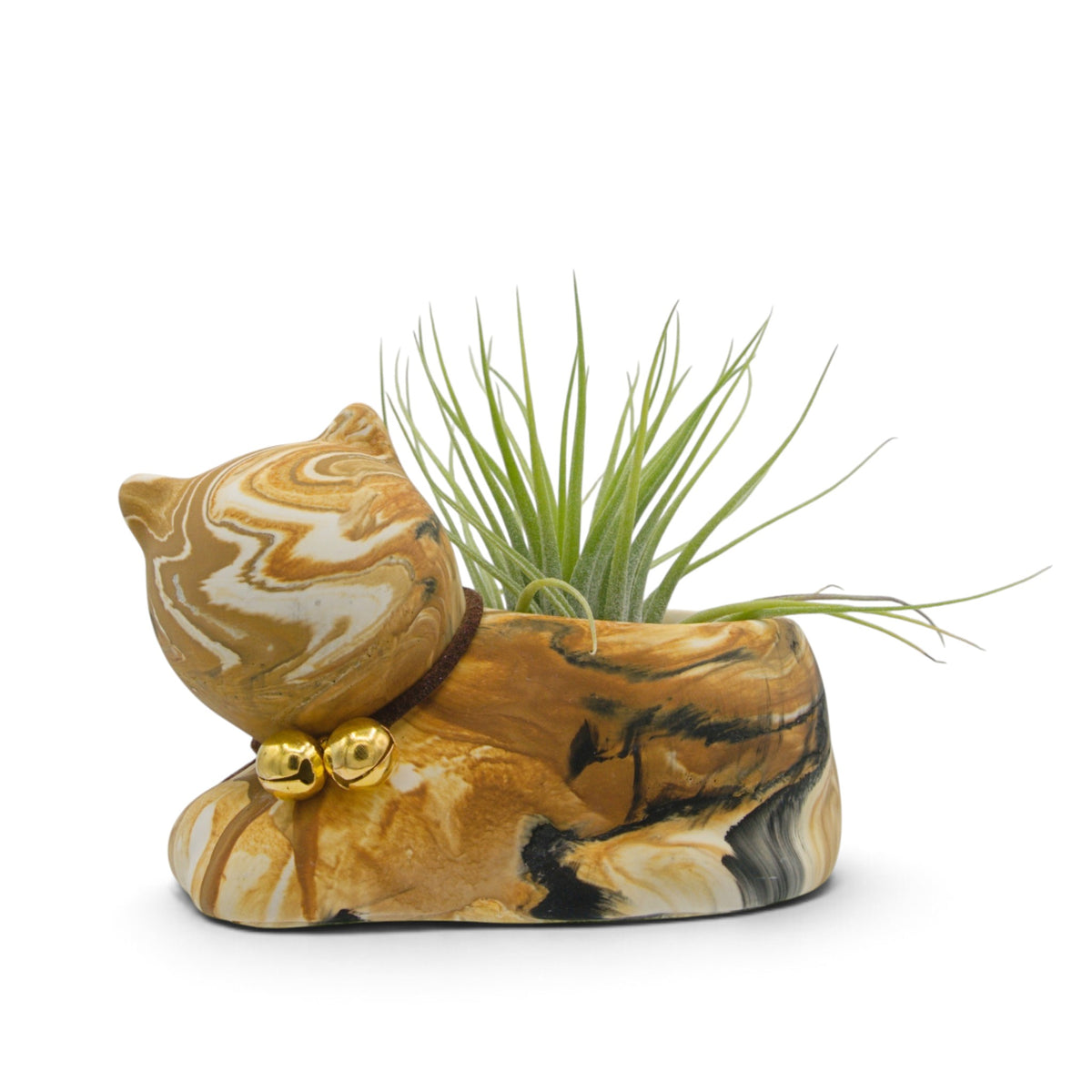 A cat-shaped planter made of marbled hydrostone in brown, cream, and black, with small gold bells around its neck and a green air plant placed inside, photographed on a clean white background.