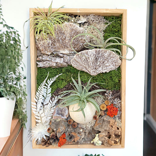 Cadre de plante aérienne en bamboo - Champignons blancs & cristal de géode