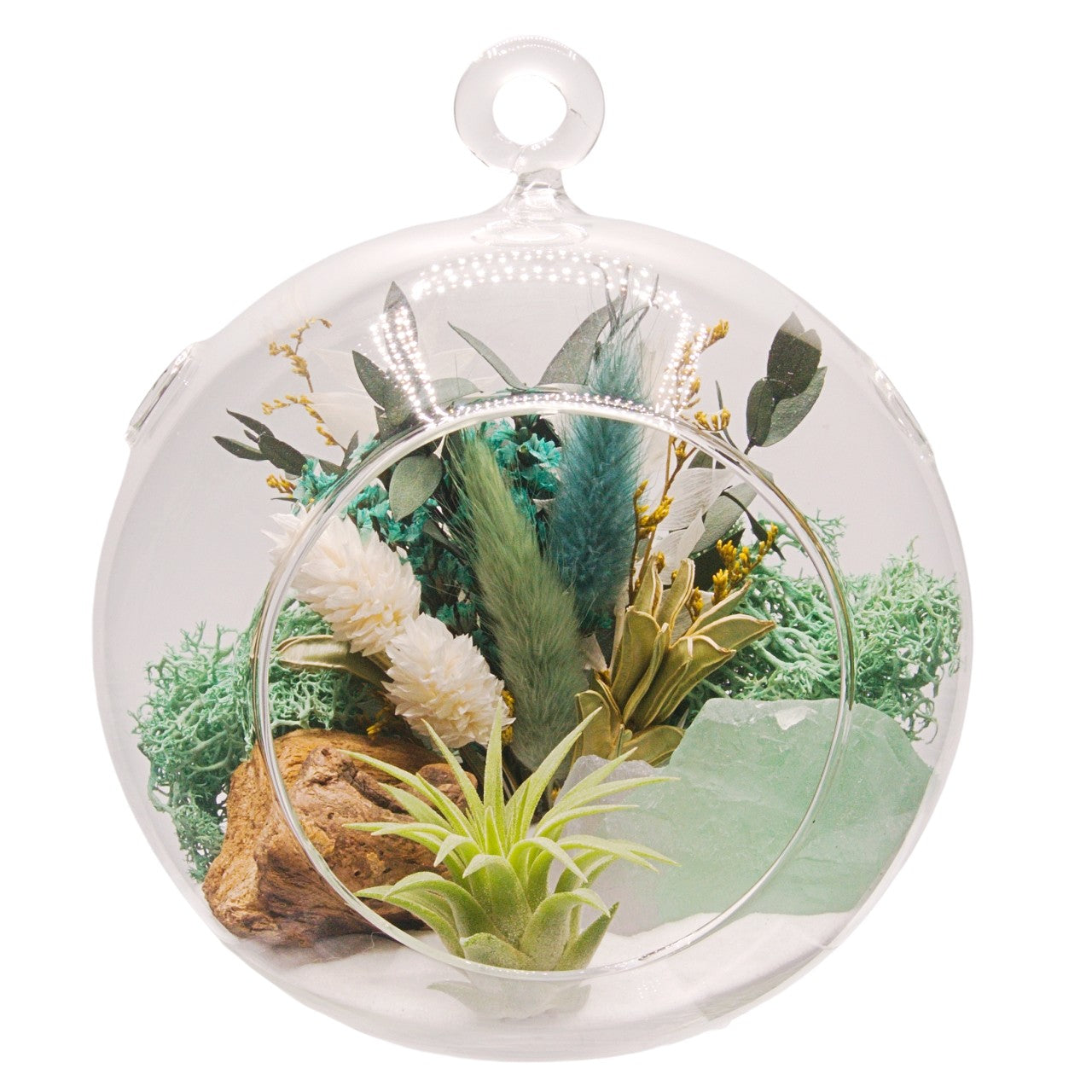 Terrarium à bulle avec une plante aérienne et un cristal fluorite vert