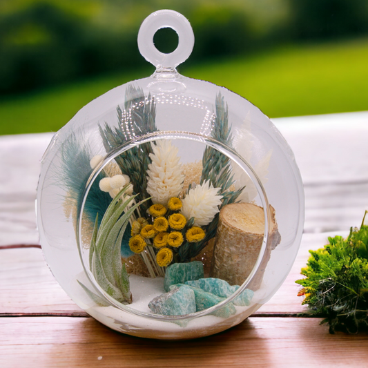 Glass bubble airplant terrarium with amazonite crystals
