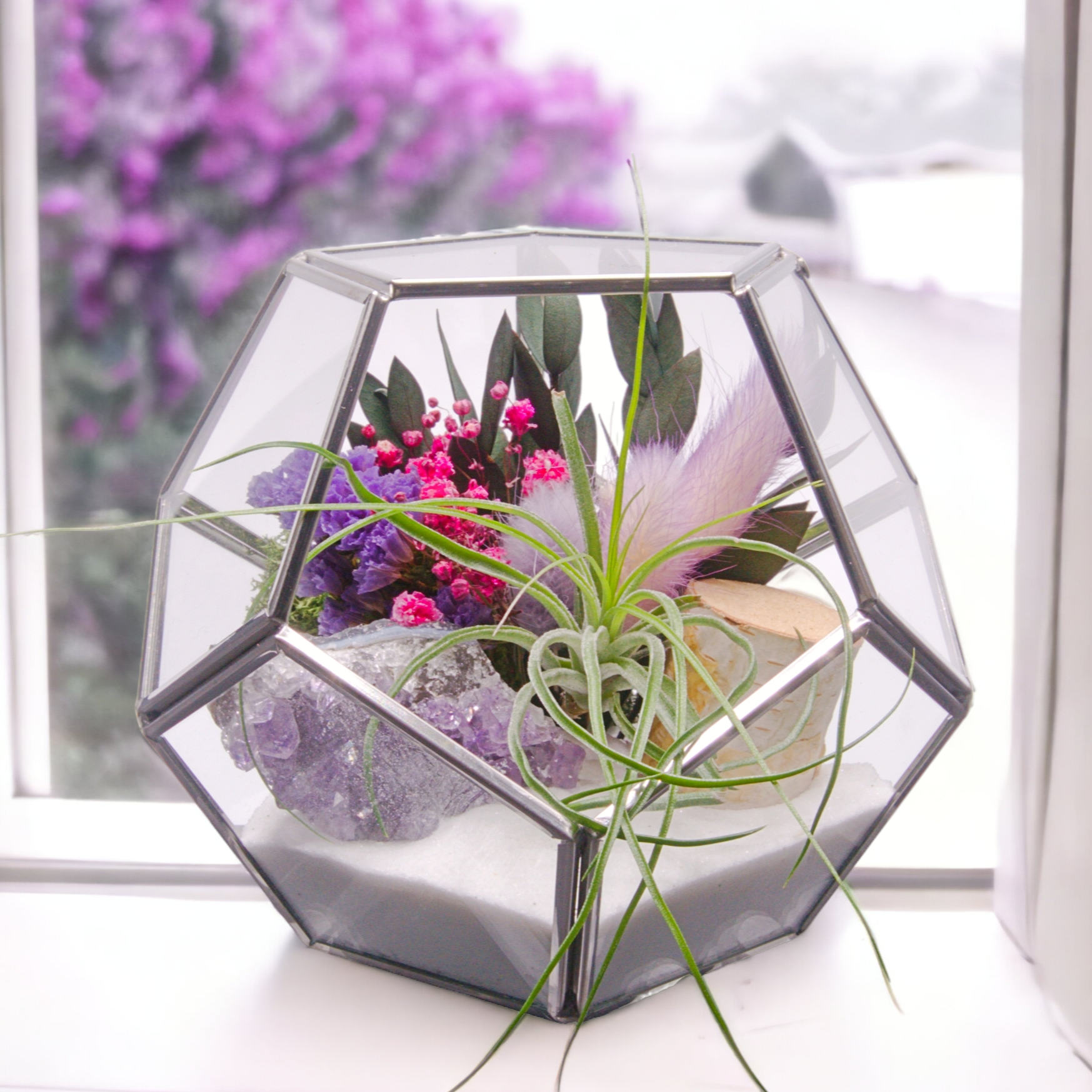 Silver Victorian airplant terrarium bowl with dried flowers, wood, moss, amethyst crystal