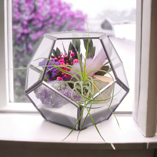 Victorian bowl airplant terrarium with dried flowers, sand, wood, moss and a raw amethyst crystal cluster.