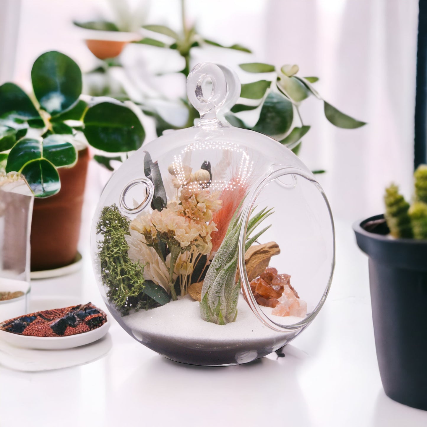 Glass bubble airplant terrarium with dried flowers and aragonite crystals