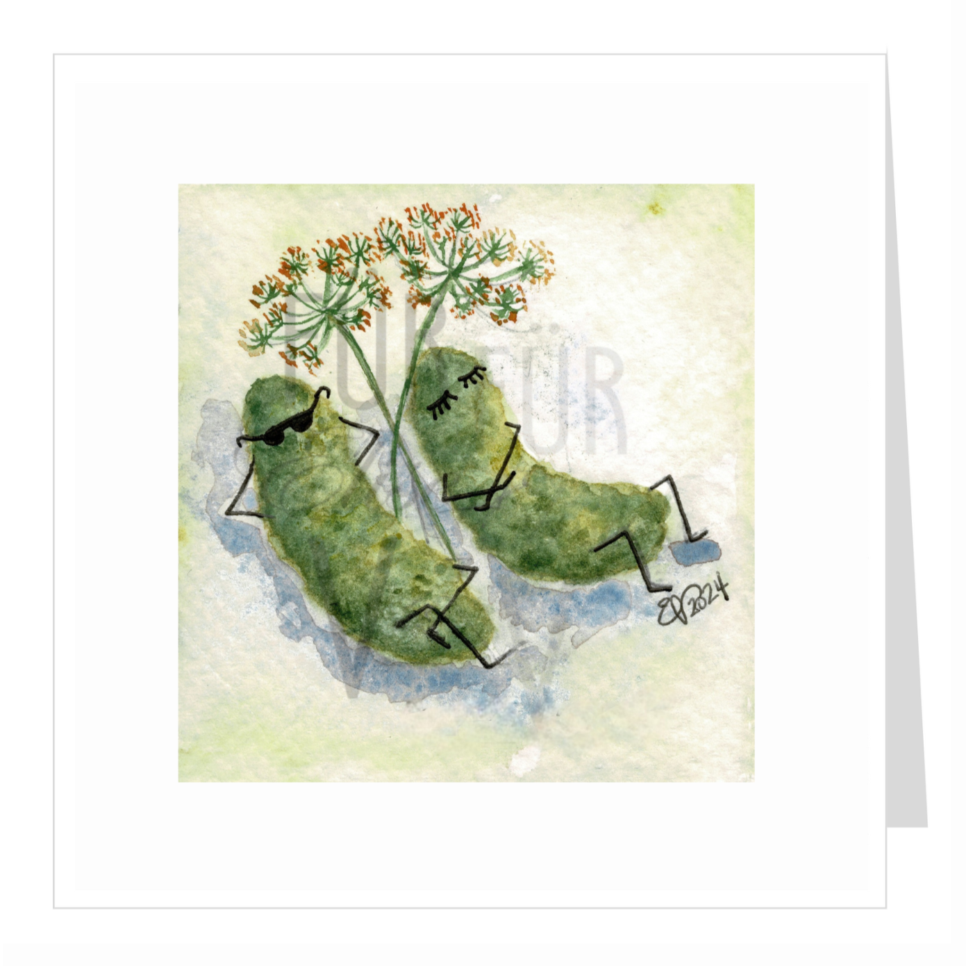 Watercolour greeting card - amusing dill pickles chilling in the sun