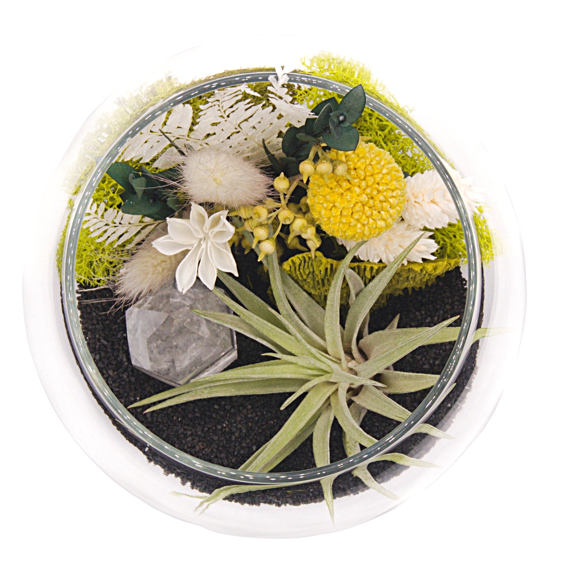 A glass bowl airplant terrarium with black sand, a bouquet of dried flowers, green moss, a dried mushroom and a crystal quartz tower.