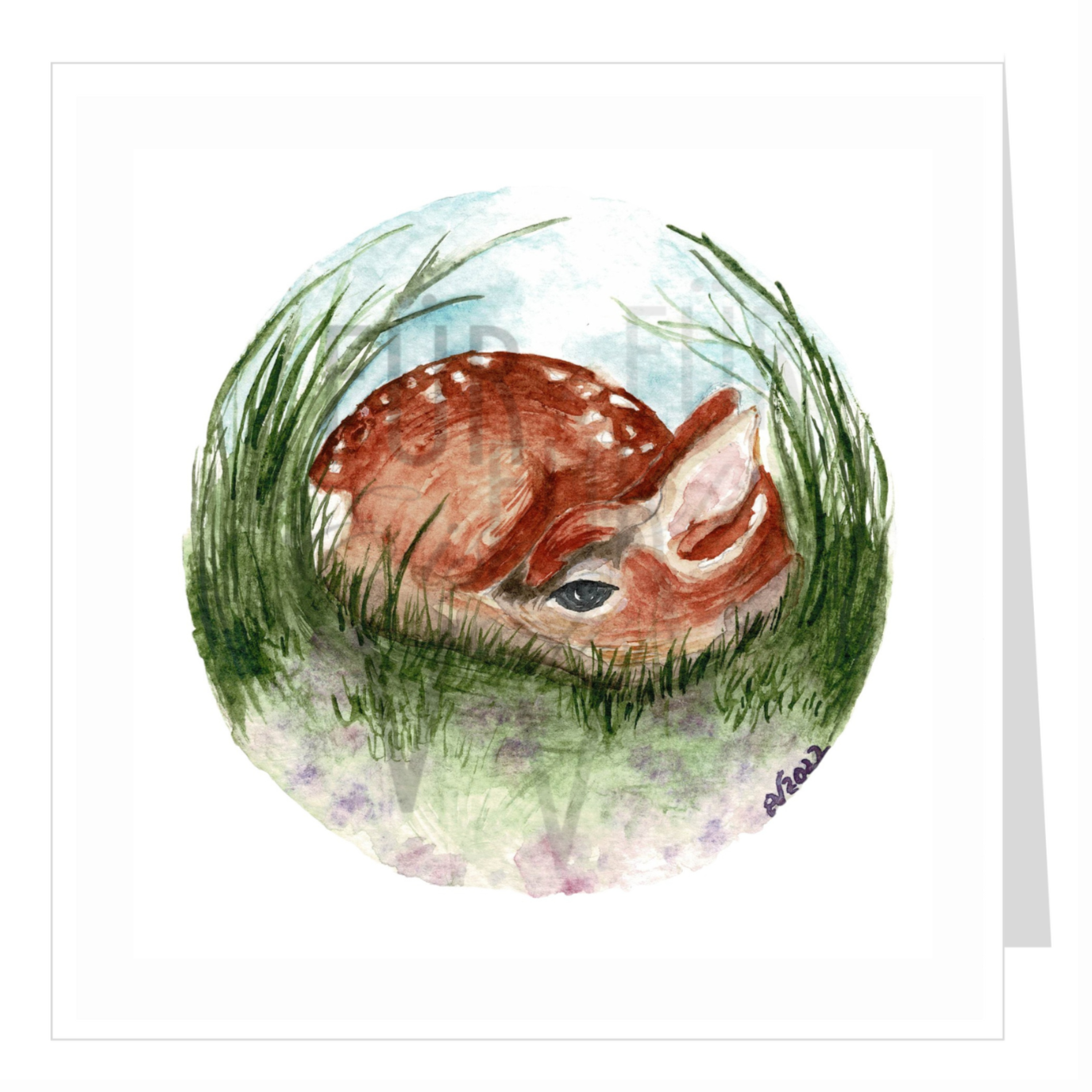 Watercolour greeting card - fawn in the grass