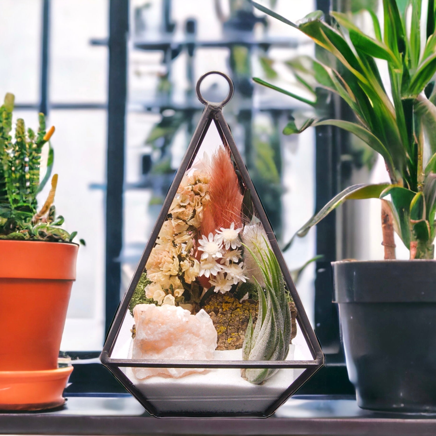 Black Victorian style triangle terrarium with airplant, dried flowers, tri-coloured calcite crystal 