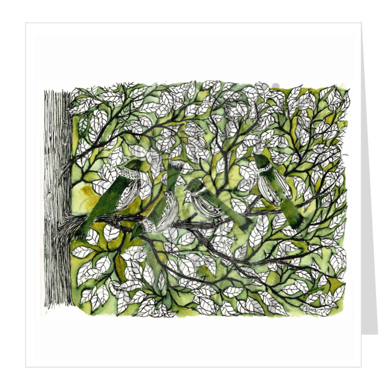 Watercolour greeting card - stained glass green birds