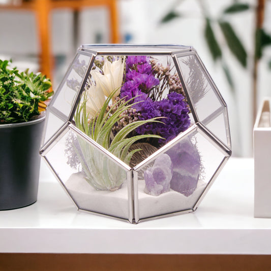 Terrarium Victorian à bol avec une plante aérienne et des cristaux d'améthystes