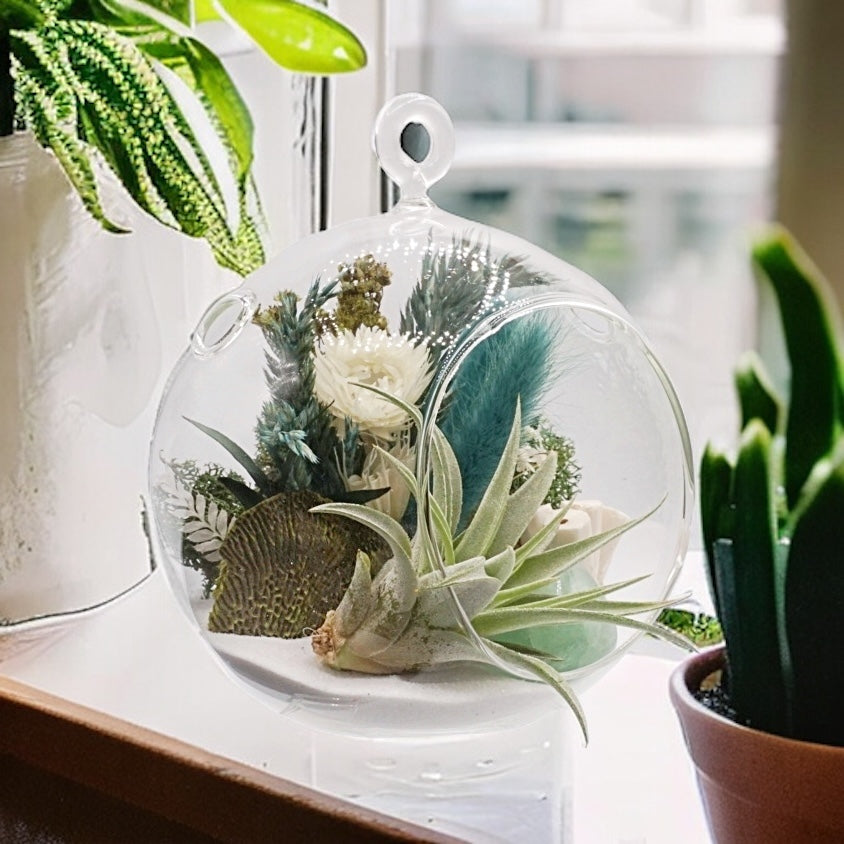 Glass bubble vase airplant terrarium with dried flowers, green fluorite crystal