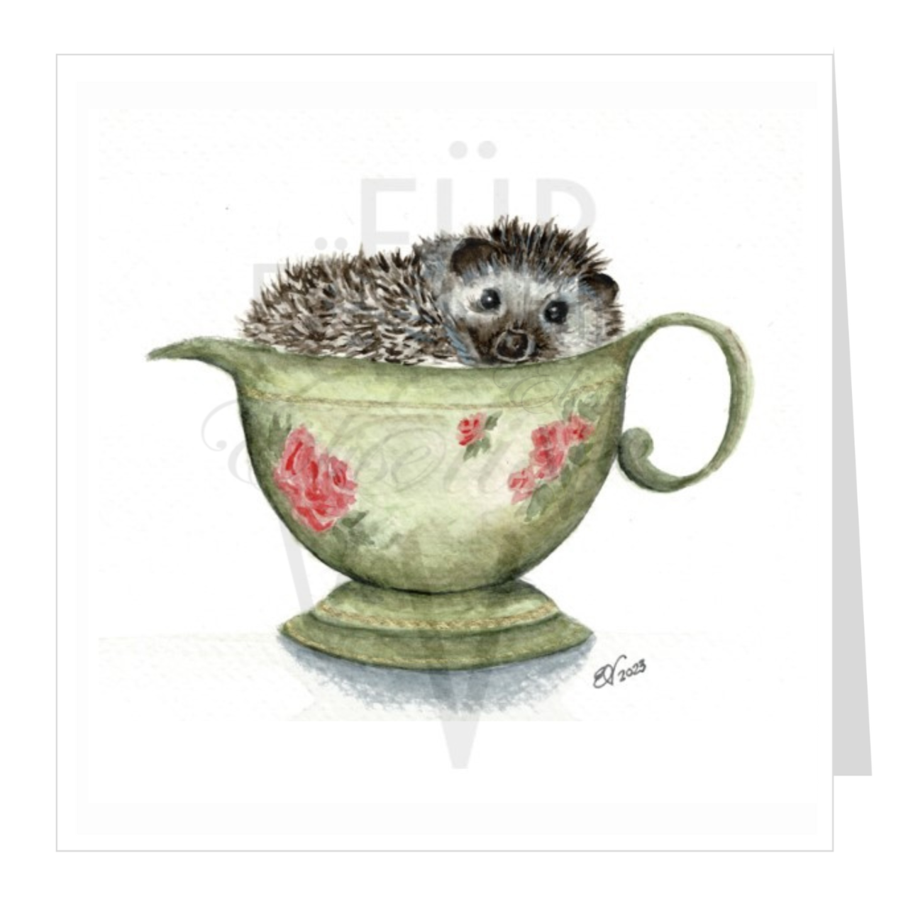 Watercolour greeting card - cute hedgehog in a gravy boat