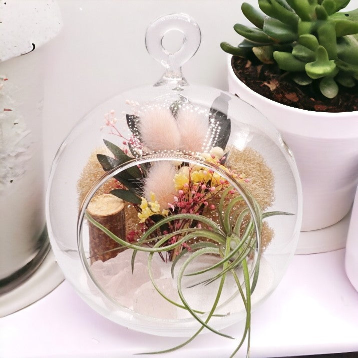 Glass bubble airplant terrarium with pink dried flowers, sand, moss, wood, rose quartz or pink tourmaline crystals and an airplant