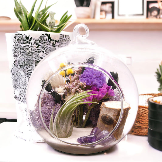 Glass bubble terrarium with an airplant, dried flowers and amethyst crystals
