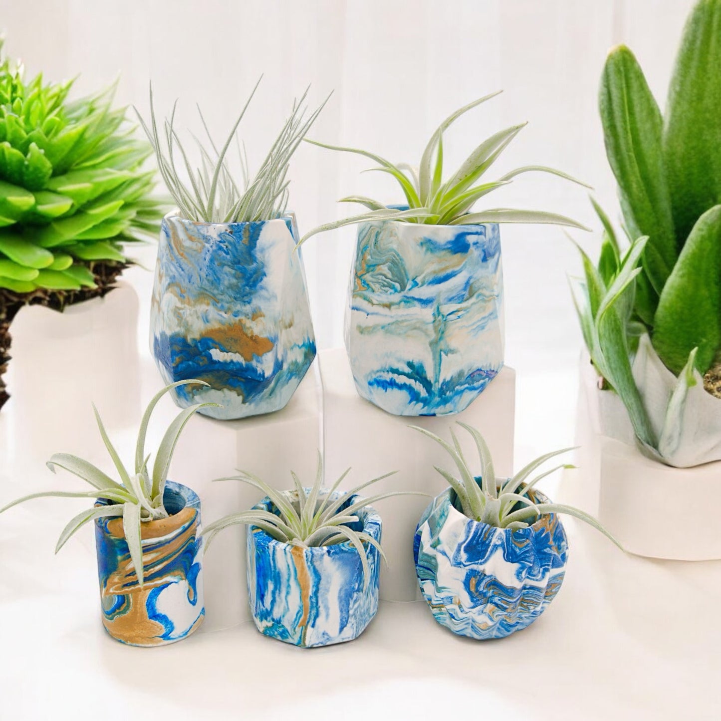 Blue turquoise white and gold hydrostone airplant pots