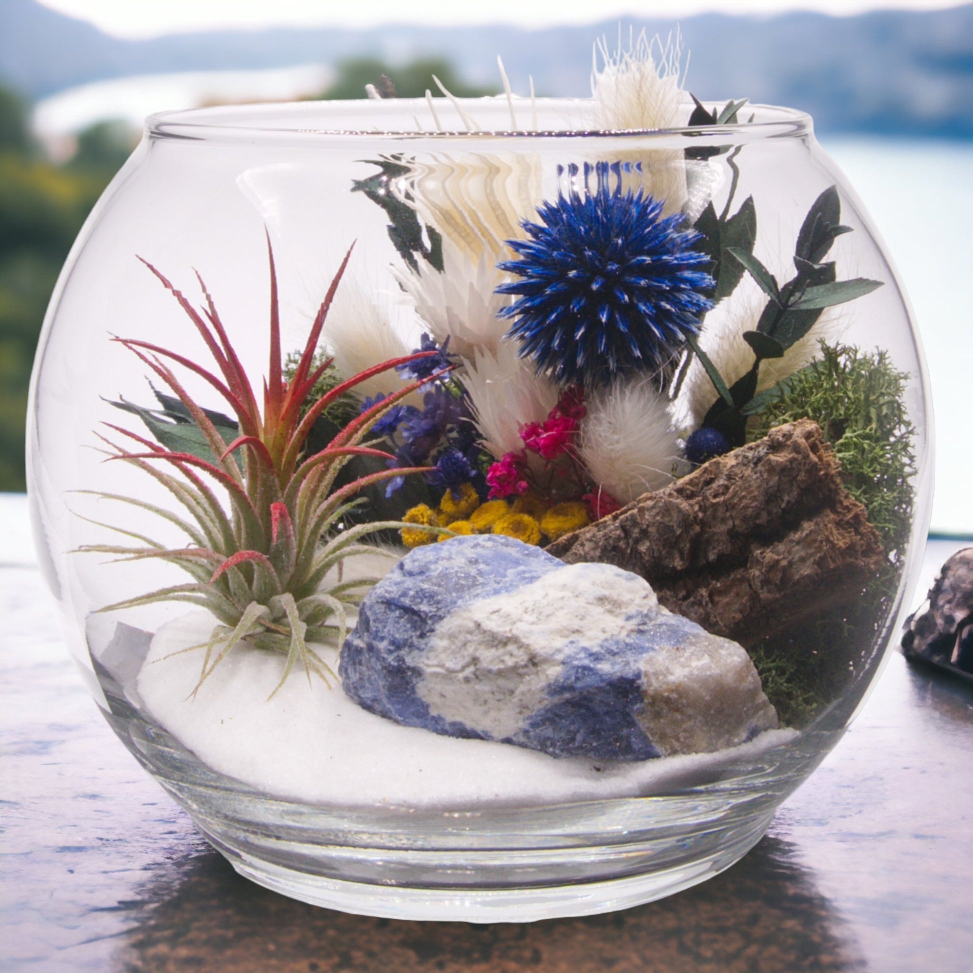 Glass bowl terrarium with dried flowers, an airplant, sand, sodalite stone