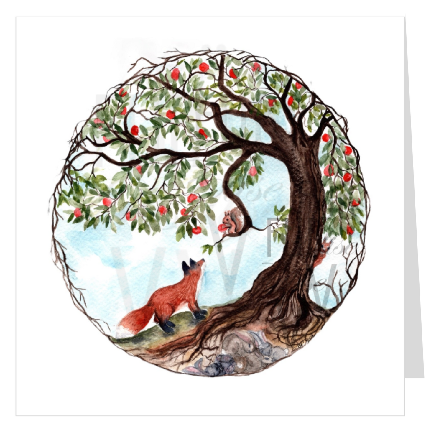 Watercolour greeting card - little fox under the apple tree greeting a squirrel with an apple