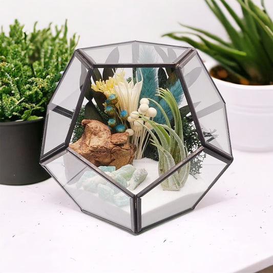 Black-rimmed geometric glass terrarium with an airplant, dried flower bouquet with turquoise accents, sand, moss and amazonite crystals