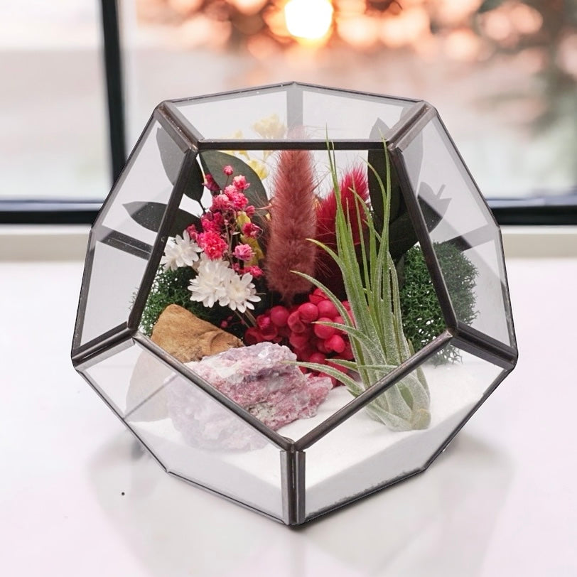 Airplant terrarium in a black rimmed geometric glass vase with pink bouquet of dried flowers, moss, wood and pink tourmaline crystals