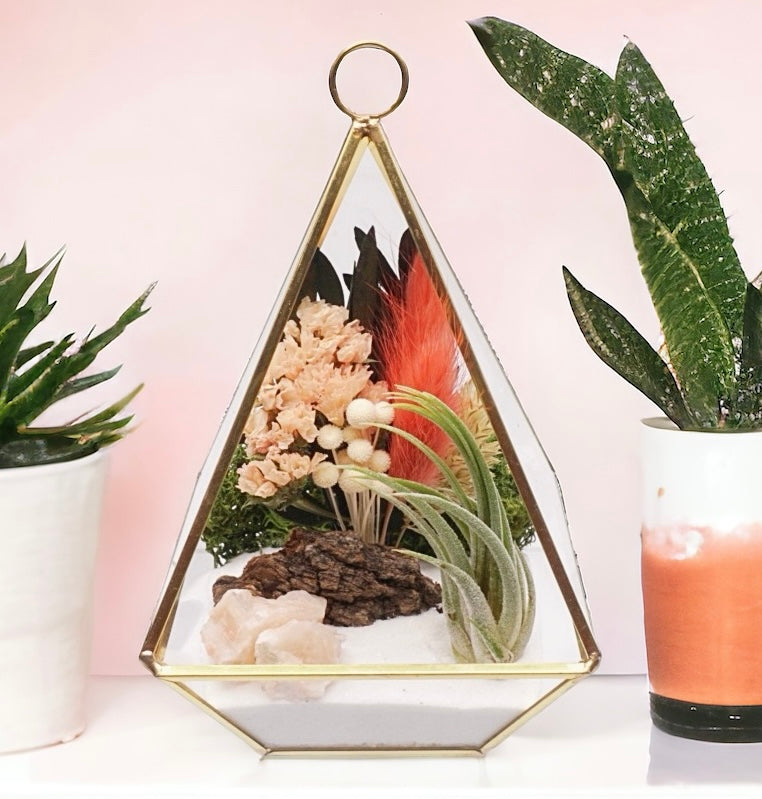 Gold-rimmed glass victorian terrarium filled with dried flowers with peach/terracotta accents, rose quartz crystals, sand, moss, wood and an airplant